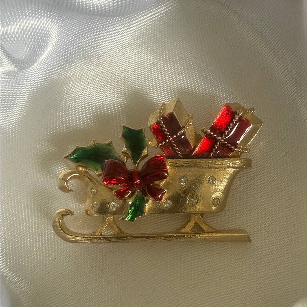 Festive Gold Sled Brooch with Gifts